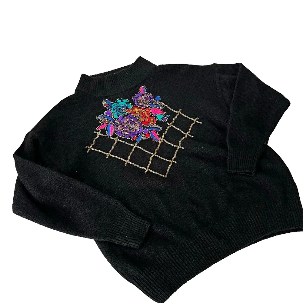VTG 80s black mock neck sweater beaded SILK floral L rabbit hair